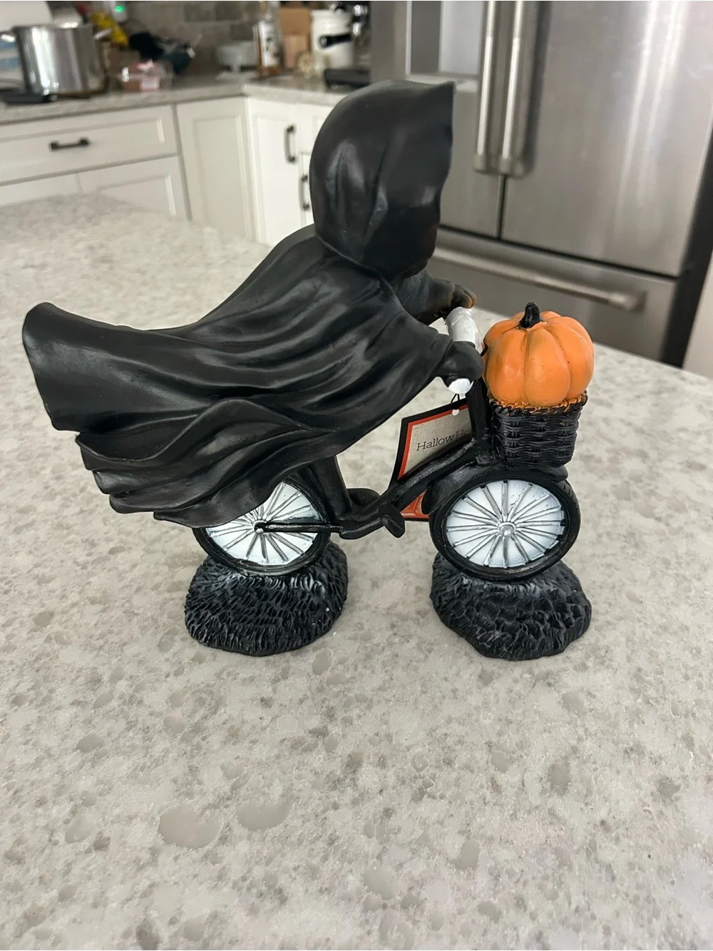 Halloween Grim Reaper on Bicycle Figurine - Black & Orange